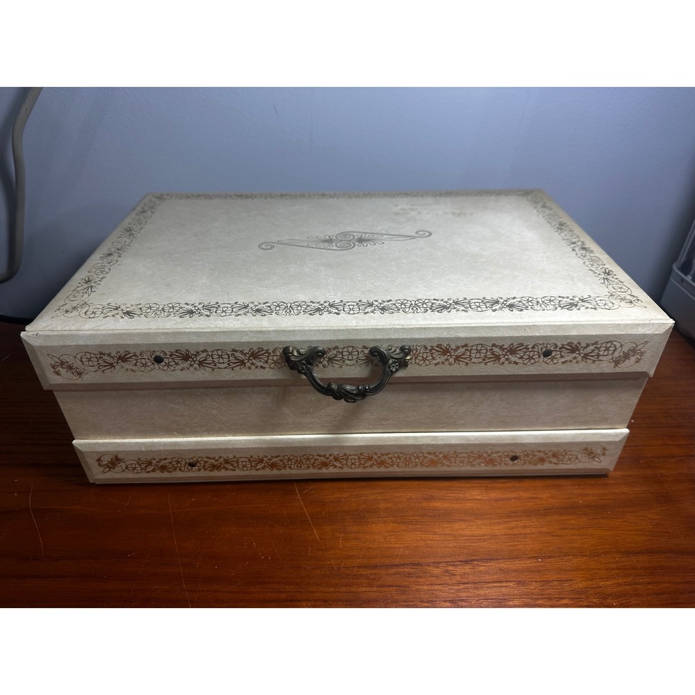 Vintage Gold Filigree Jewelry Box Red Velvet Mirror Auto Cantilever Drawer 14"
